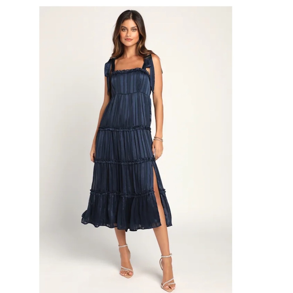 Lulus Navy Blue Metallic Striped Tiered Midi Dress Tie-Strap Side Slit Small - Picture 8 of 8